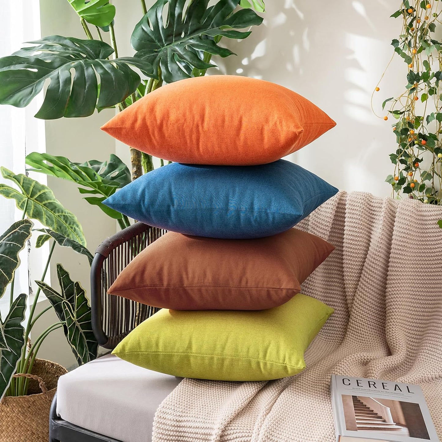 MIULEE Decorative Outdoor Throw Pillow Covers - Waterproof Faux Linen Cushion Cases | 12x12 Inch Bright Orange (Pack of 2)