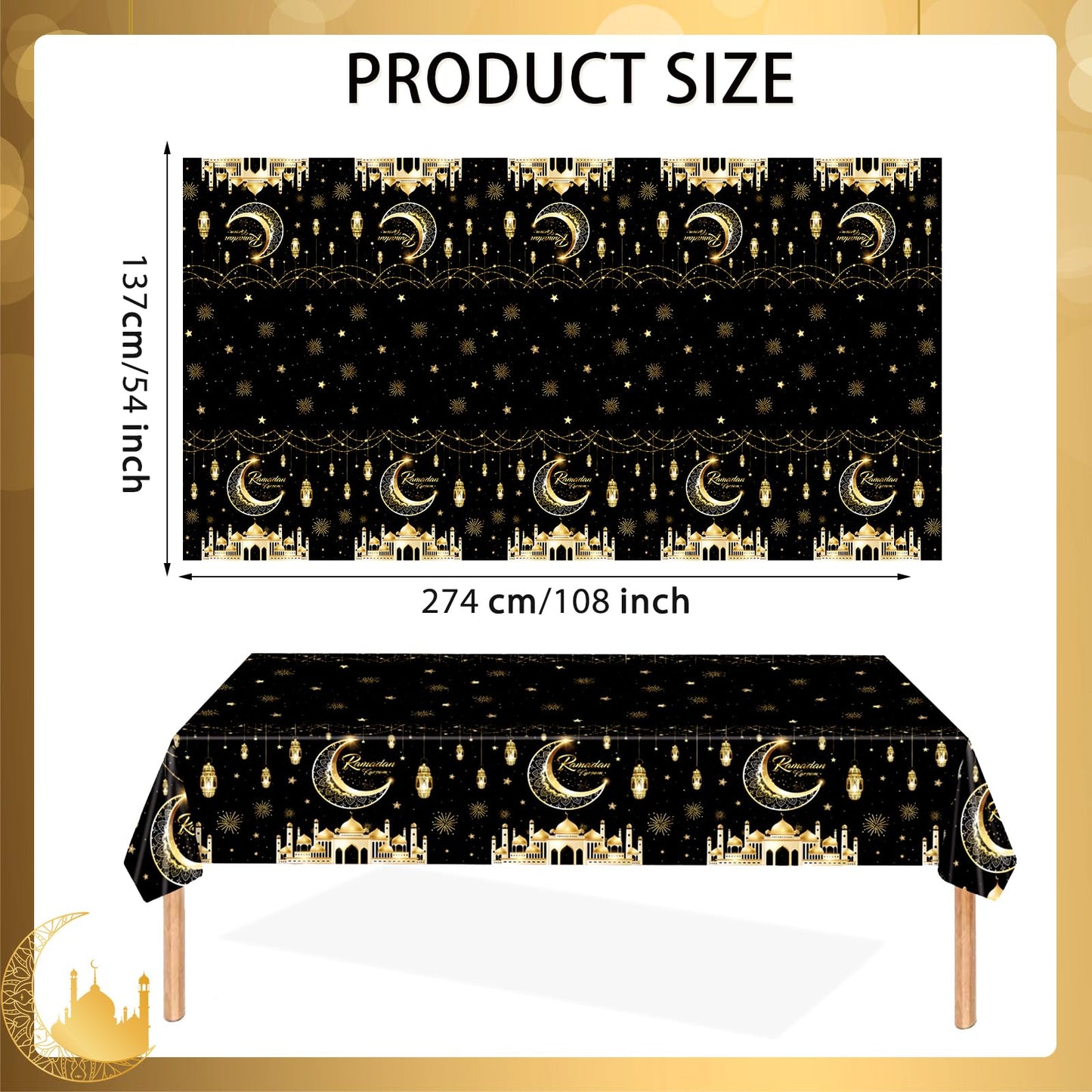 Qpout 3 Pack Ramadan Tablecloths, Disposable Plastic Rectangle Eid Table Covers with Moon and Star Design for Ramadan Mubarak Decorations, 108 x 54 Inches