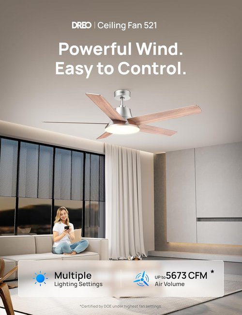 DREO 52-Inch Smart Ceiling Fan - 12 Speeds, Dimmable LED Light & Quiet DC Motor | Remote & Alexa Control