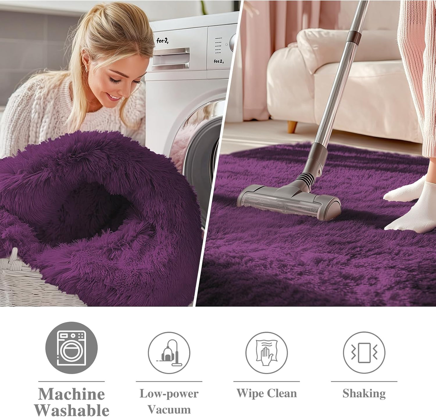OLANLY Dark Purple Round Rug - Soft, Fluffy Shaggy Carpet | 6 ft Machine Washable Area Rug for Bedroom & Living Room Decor
