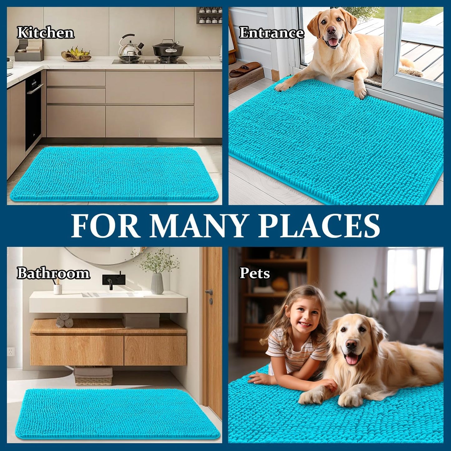 OLANLY Dog Door Mat - Absorbent Non-Slip Mud Mat for Indoor Use | Aqua Blue, 59x20 Inches