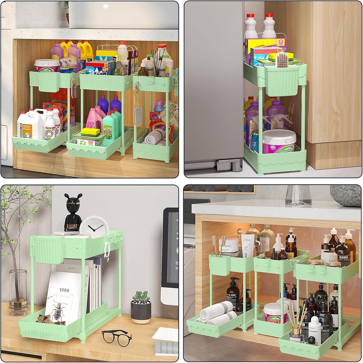 Sevenblue 3-Pack Under Sink Organizers - 2-Tier Kitchen & Bathroom Storage with Sliding Drawers | Green, 14.8 Inch