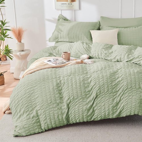 HYMOKEGE Twin Comforter Set - Light Green Seersucker 5-Piece Luxury Bedding Set | All-Season Comfort