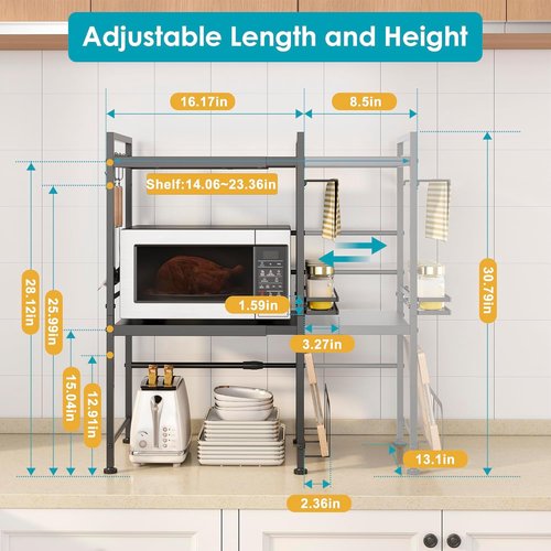 DOLALIKE Microwave Oven Rack - Expandable Kitchen Stand with 6 Hooks for Utensil Storage | Carbon Steel