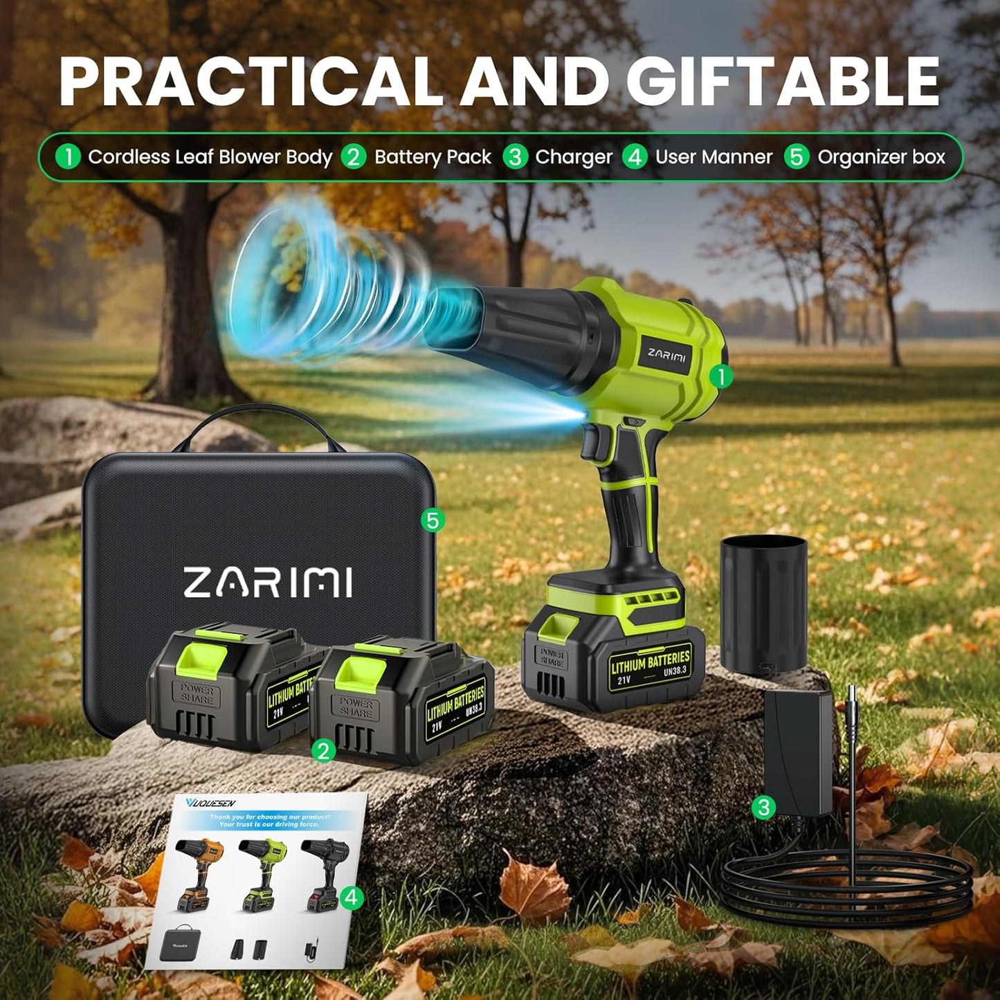 YUQUESEN Cordless Leaf Blower - 980,000 RPM Handheld Design with 2 x 4.0Ah Batteries & Charger | Lightweight for Patio Cleaning & Lawn Care - Light Green