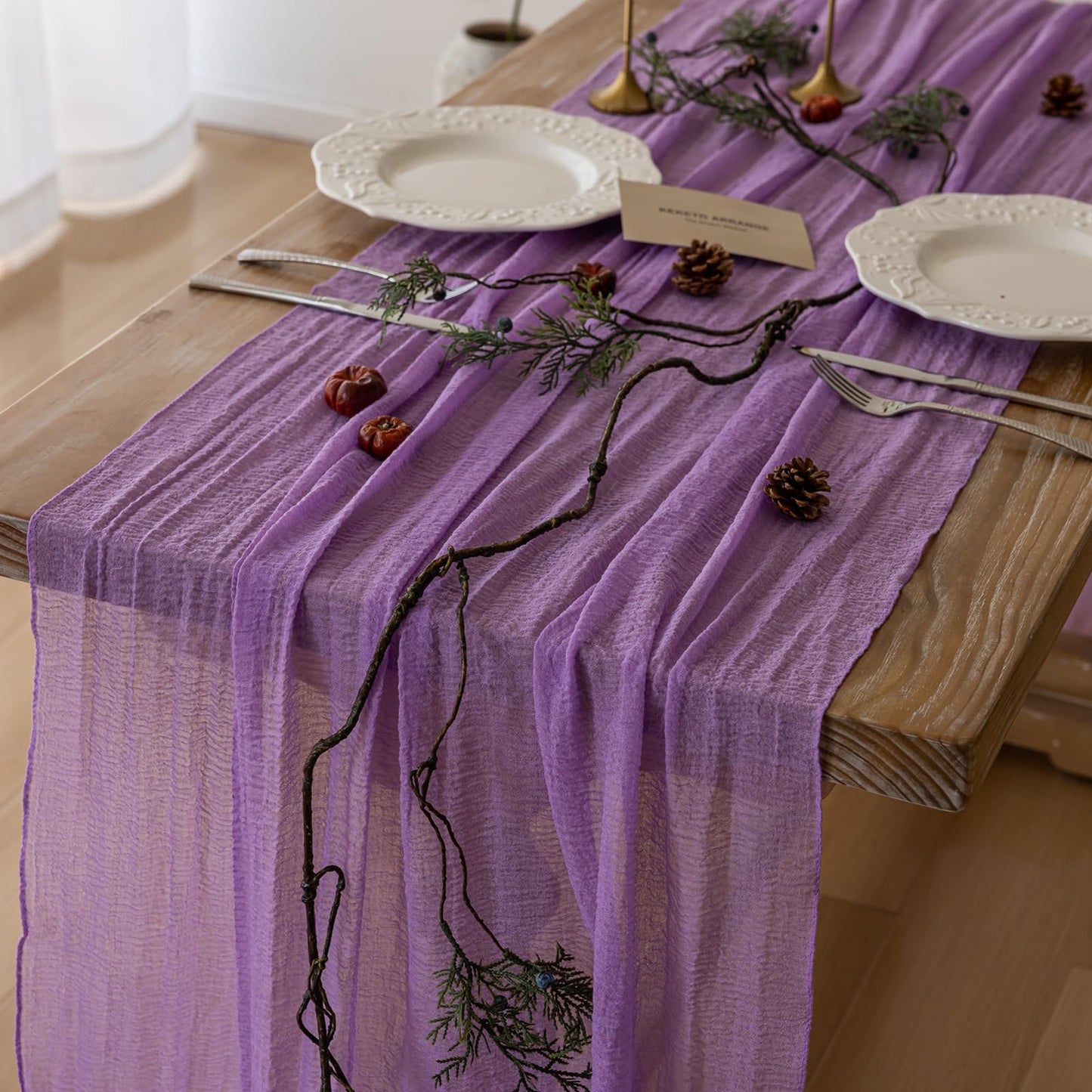Keketoarrange 6pcs Spring Table Runner Lavender Gauze Rustic Boho Lilac Cheesecloth Grape Table Runner 120 Inch 10 FT for Wedding Baby Bridal Shower Birthday Party Long Sheer Home Decorations
