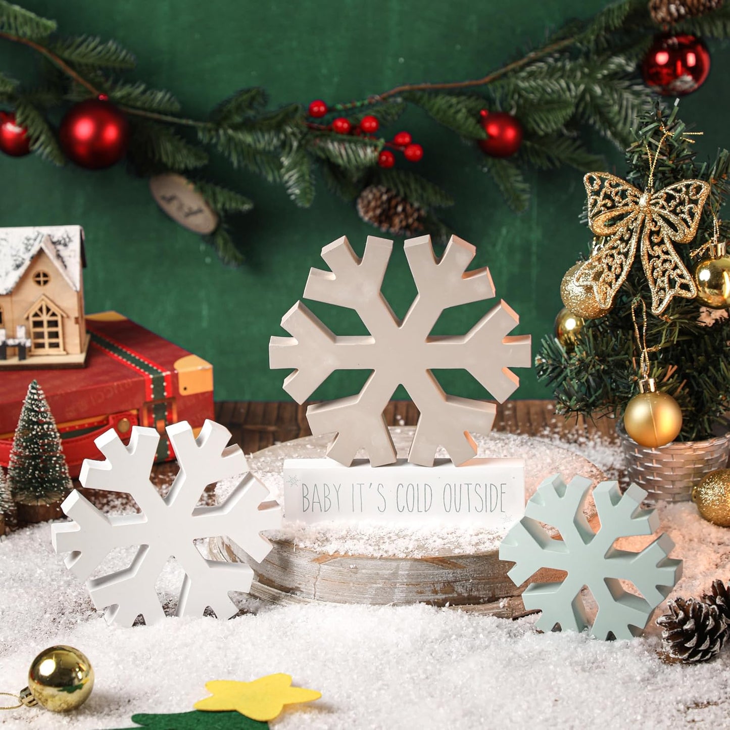 KORMMCO Winter Snowflake Fireplace Decorations - 4Pcs Farmhouse Christmas Decor | White, Brown, Blue