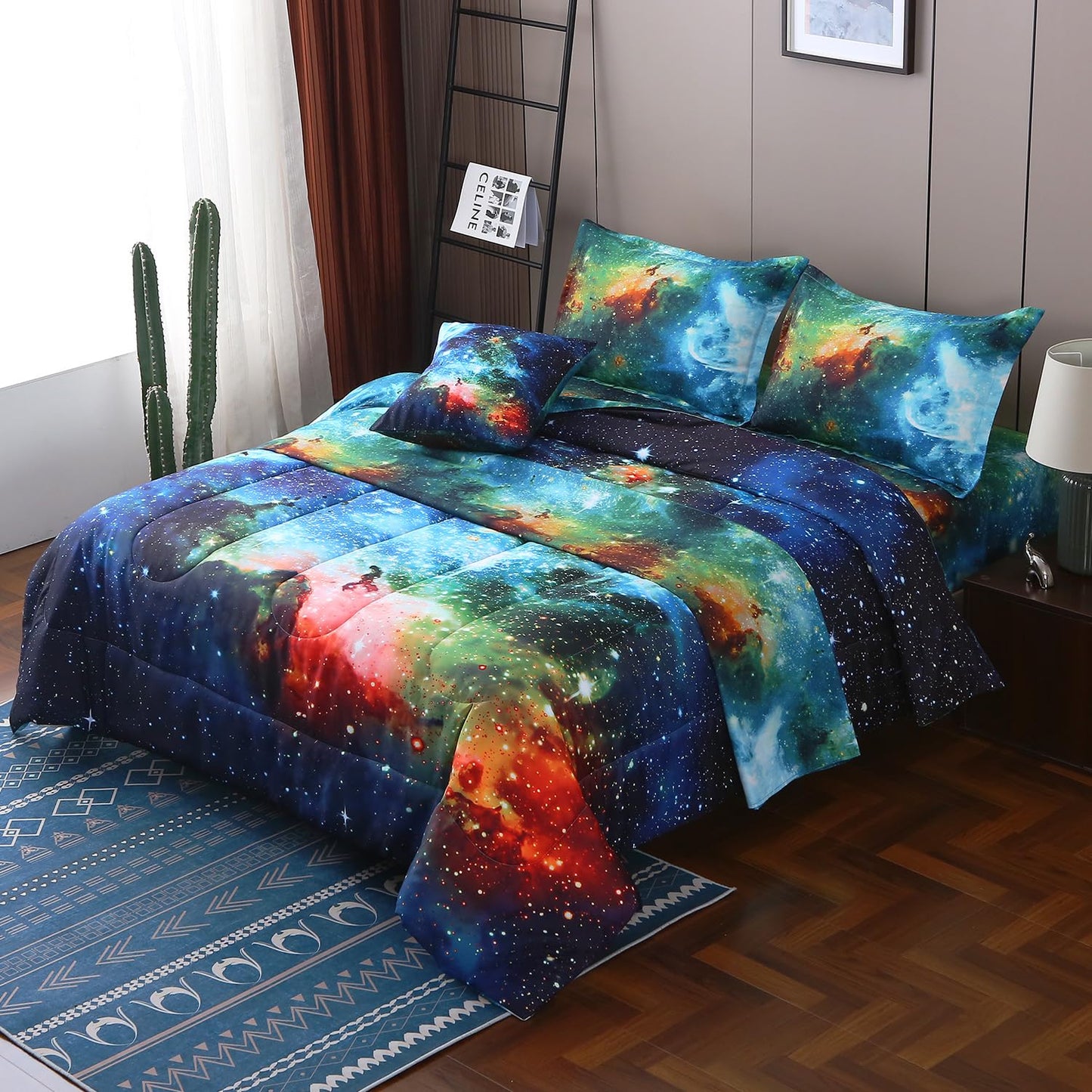 JQinHome Twin Galaxy Comforter Sets 6 Piece Bed in A Bag, Outer Space Themed Bedding for Children Boy Girl Teen Kids,1 Comforter, 1 Flat Sheet, 1 Fitted Sheet, 2 Pillowshams, 1 Cushion Cover(Blue)