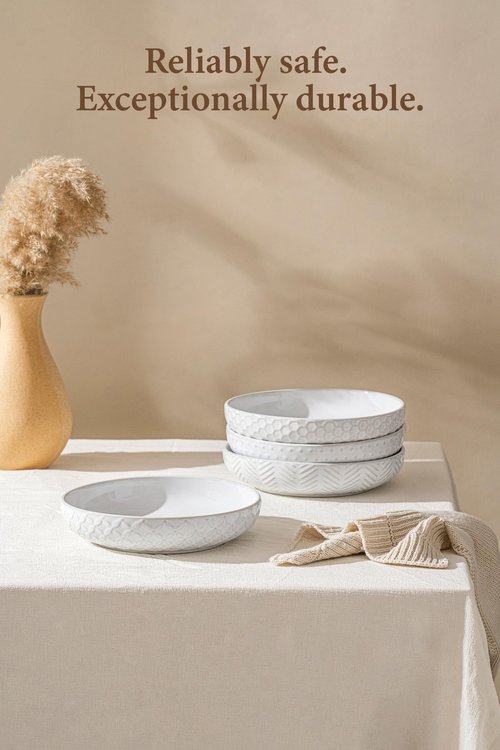 FOBENTA Embossed Ceramic Pasta Bowls, 42 oz Bowl Plates Set,9-Inch Large Serving Bowls Set of 4, Perfect for Pasta, Salad, Fruit, Sturdy&Stackable, Microwave & Dishwasher Safe