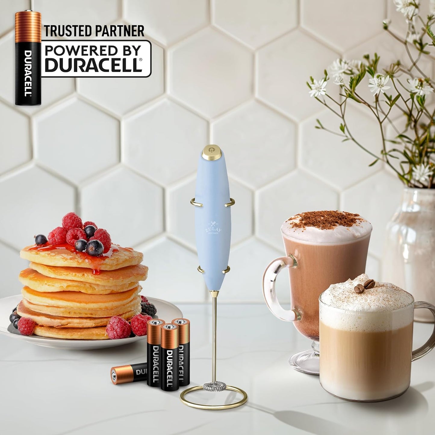 Zulay Kitchen Milk Frother Wand - Ultra-Fast Handheld Electric Whisk for Coffee & Lattes - Blue & Gold