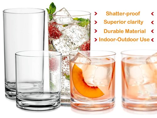 Elegant Acrylic Drinking Glasses [Set of 16] Attractive Clear Plastic Tumblers - Unbreakable Drinkware Set Ideal for Indoor and Outdoor - Kid Friendly
