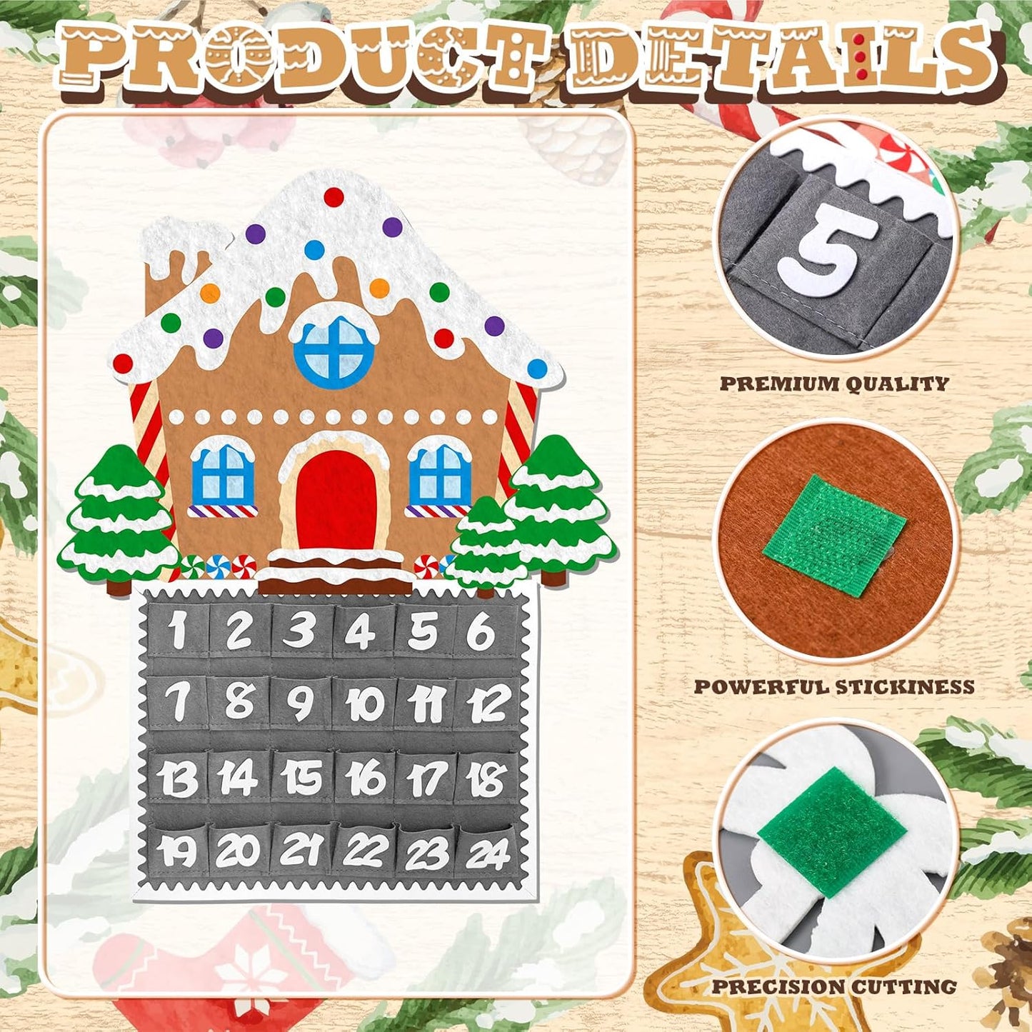Watersay Christmas Gingerbread House Advent Calendar - 2ft Felt Ornaments with 24 Pockets for Kids