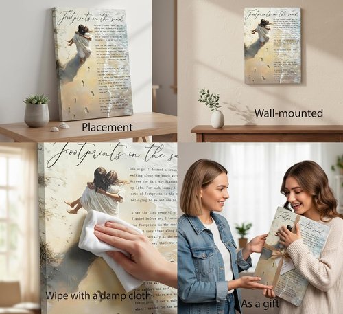 Footprints In The Sand Canvas Wall Art - Christian Inspirational Painting of Jesus & Woman | 12x16in Framed Decor