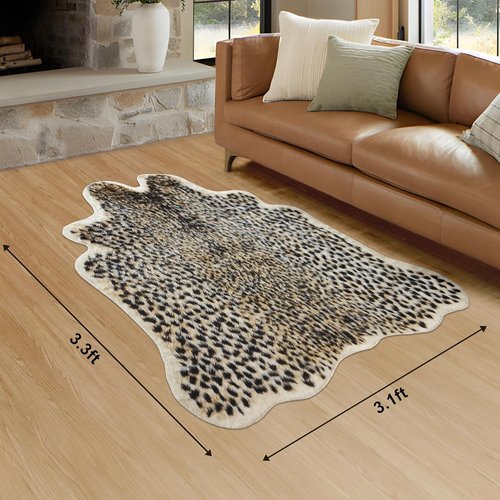 Cheetah Print Rug - Faux Cowhide Skin Fur Area Carpet for Living Room & Kitchen | 3.3 x 3.1 ft
