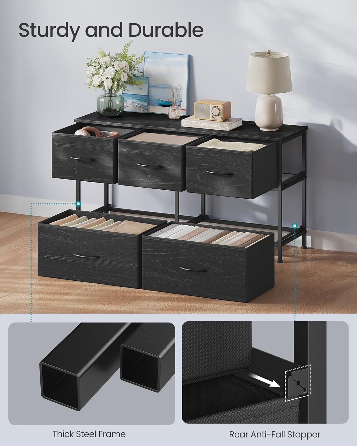 SONGMICS Dresser - Modern 5-Drawer Chest of Drawers for Bedroom Storage | Ebony Black Finish