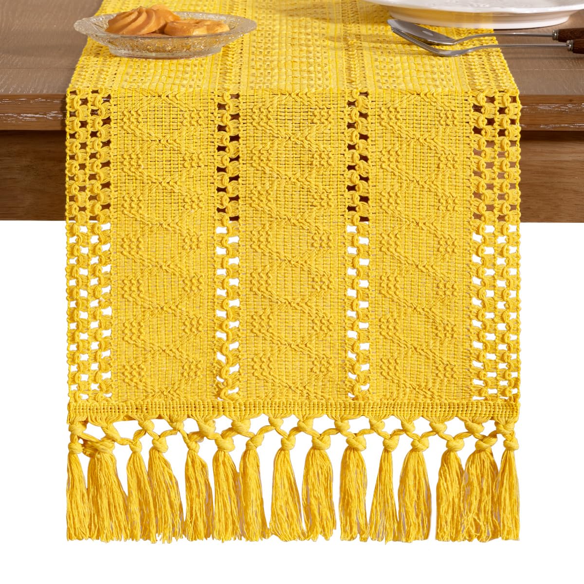 Socomi Boho Table Runner Macrame Easter Spring Farmhouse Woven Cotton Linen Rustic Coffee Table Runner with Tassels for Dresser Scarf Home Decor Dining Room 12x90 in Yellow Gold