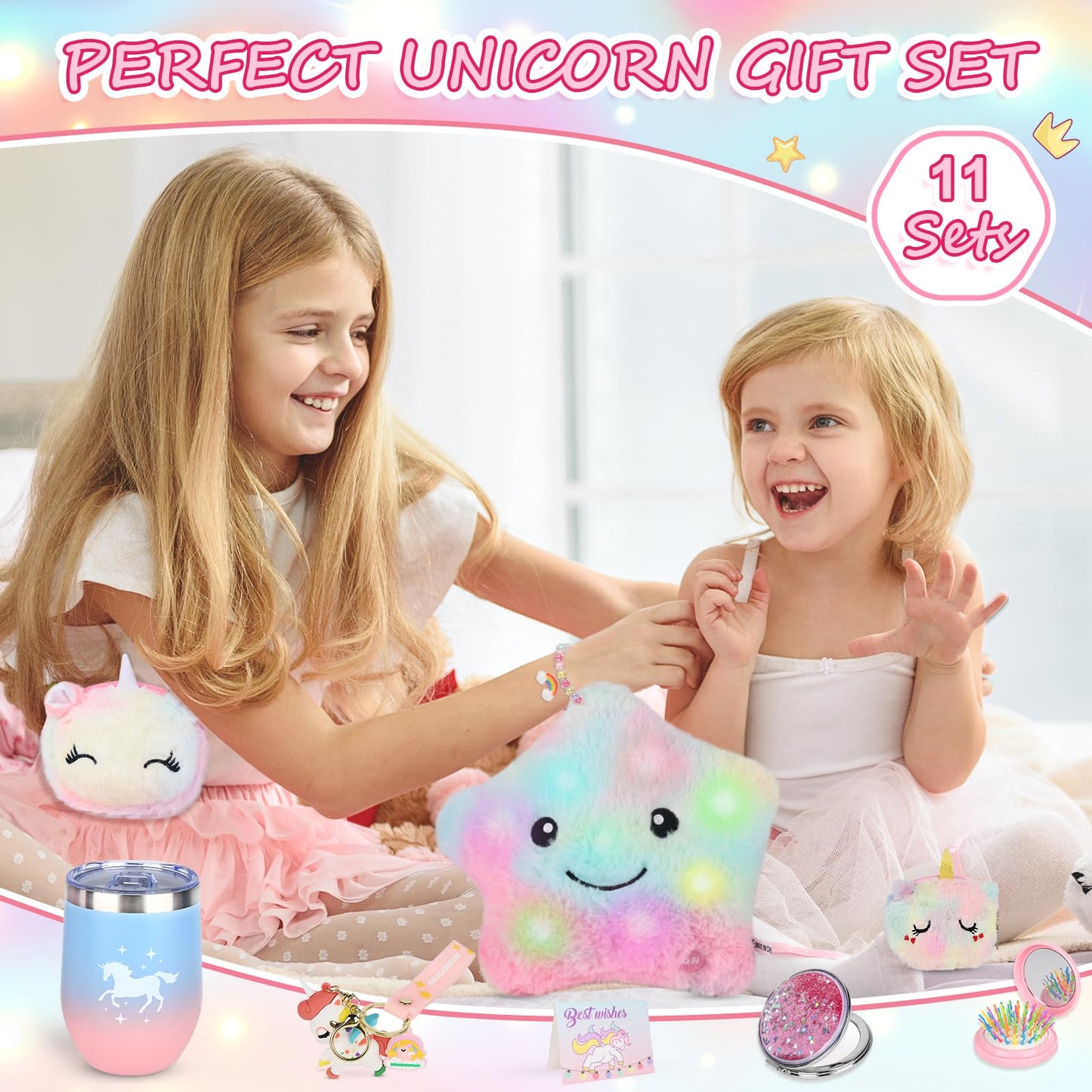 Ingbear Unicorn Toys for Girls Age 4-6 7 8, Girls Birthday with Light Up Plush Stars Pillow/Crossbody Bag/Water Bottle/Headband/Soft Plush Toys Set