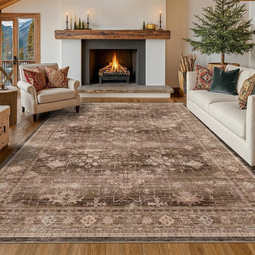 Hazo Haus Boho Taupe Brown 5x7 Area Rug - Modern Vintage Non-Slip, Washable Low Pile for Living Room & Dining