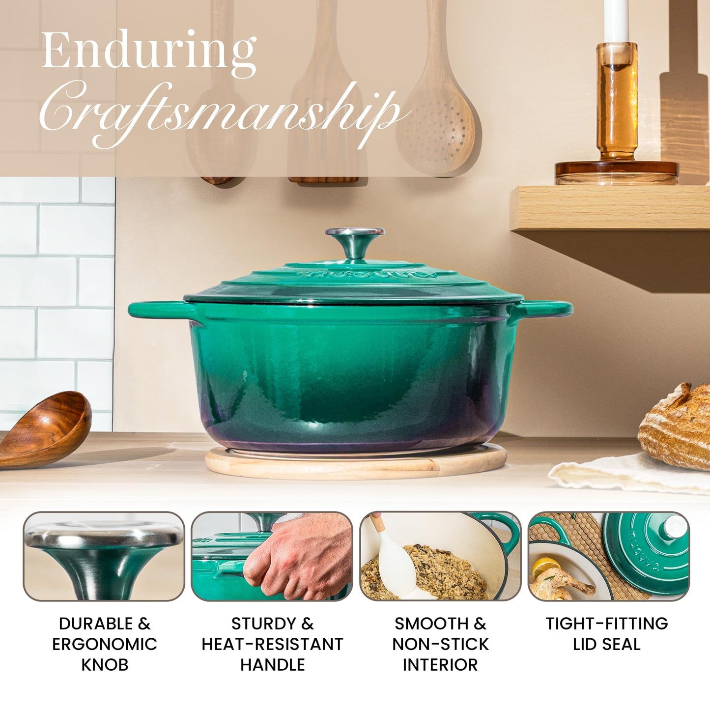 Cast Iron Dutch Oven with Lid – Non-Stick Ovenproof Enamelled Casserole Pot – Sturdy Dutch Oven Cookware – Dark Green, 7.3-Quart, 30cm – by Nuovva