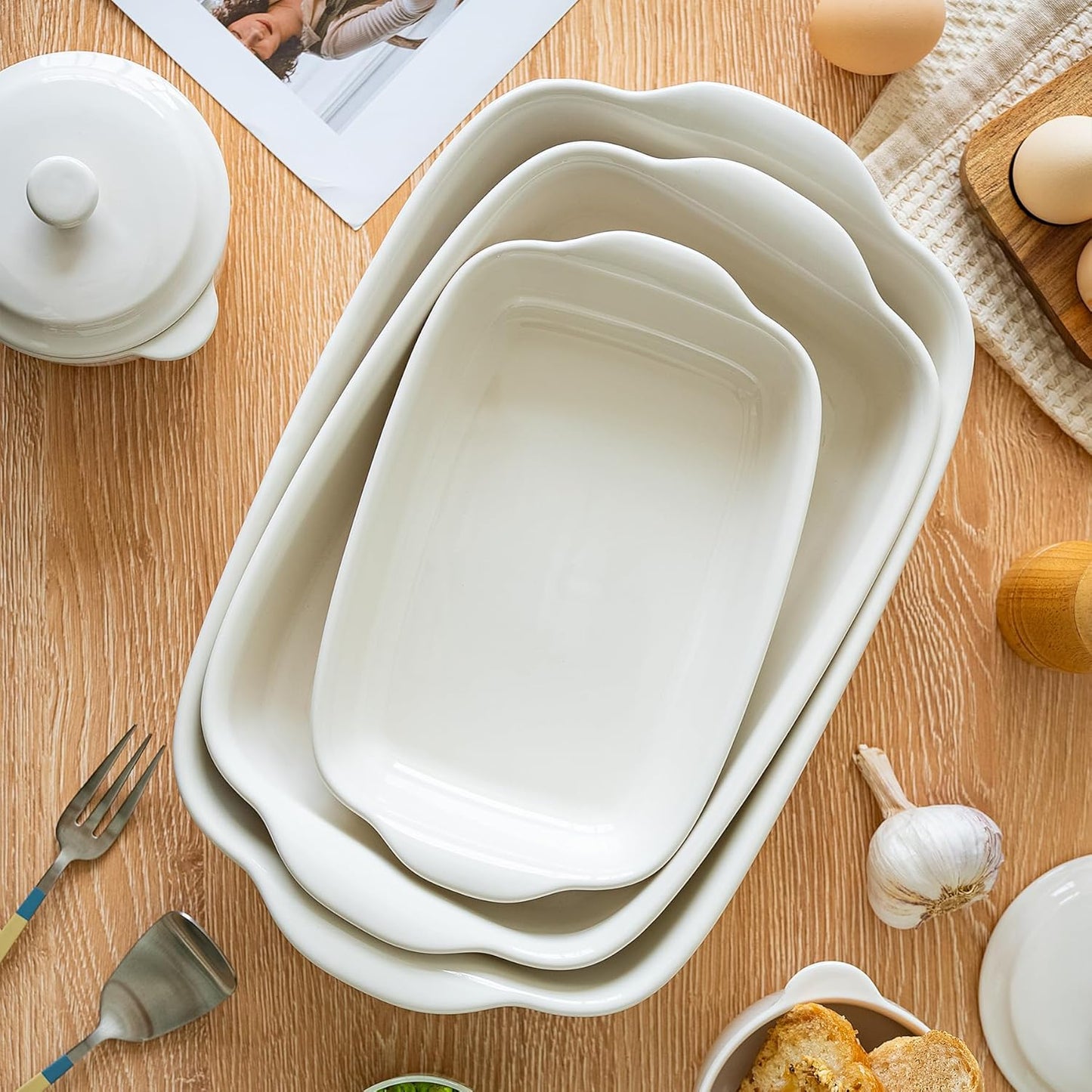 Skiennix 3-Pack Ceramic Baking Dishes Set - Heavy-Duty Oven-Safe Stoneware | Deep Rectangular Casserole Pans (13.8''/12''/9.6'' Pure Off-White)