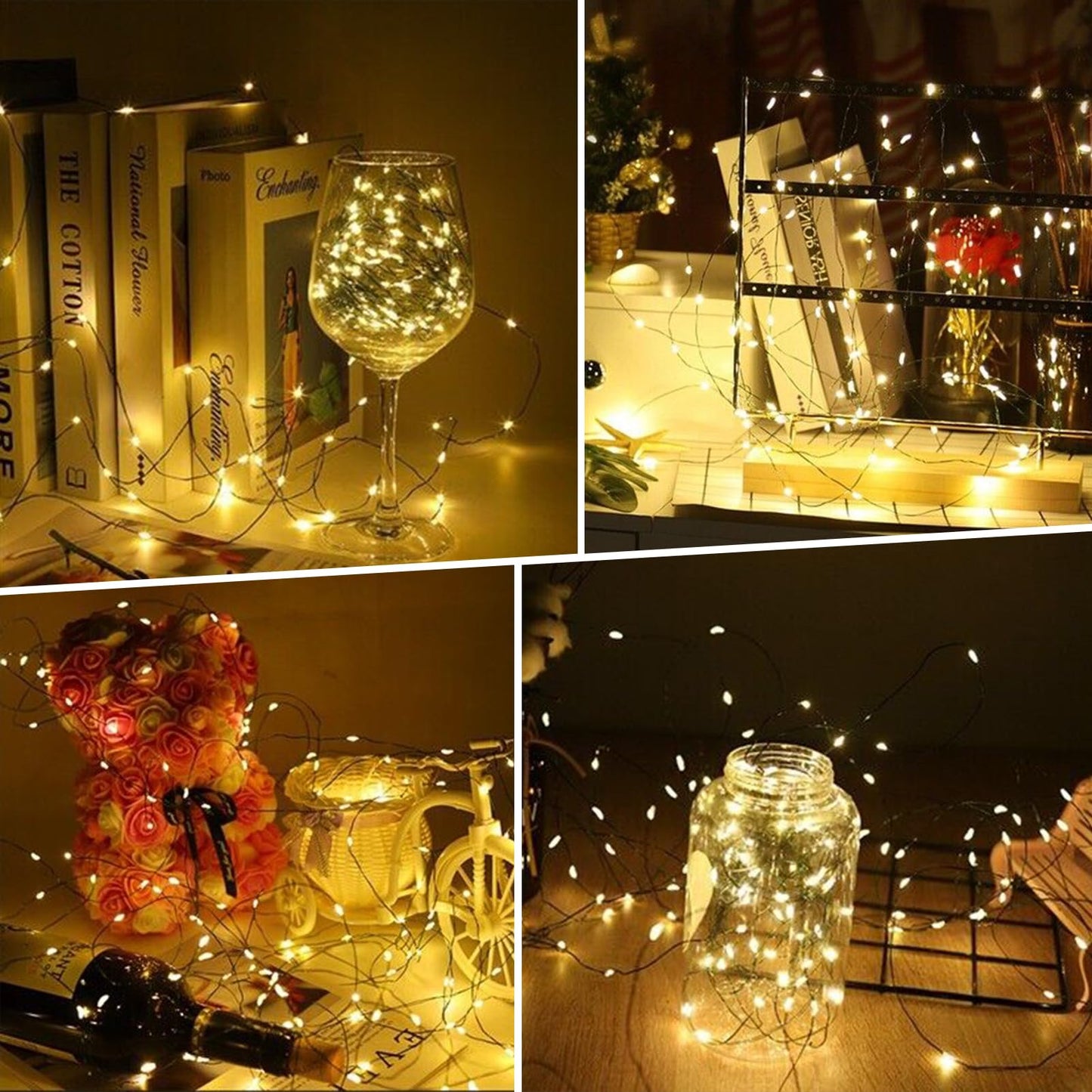 4 Pack Fairy Lights Battery Operated, 16.4 Ft 50 LED Starry Fairy Lights with Auto Timer Dark Green Copper Wire Twinkle Lights for Wedding Bedroom Christmas Decor (Warm White)