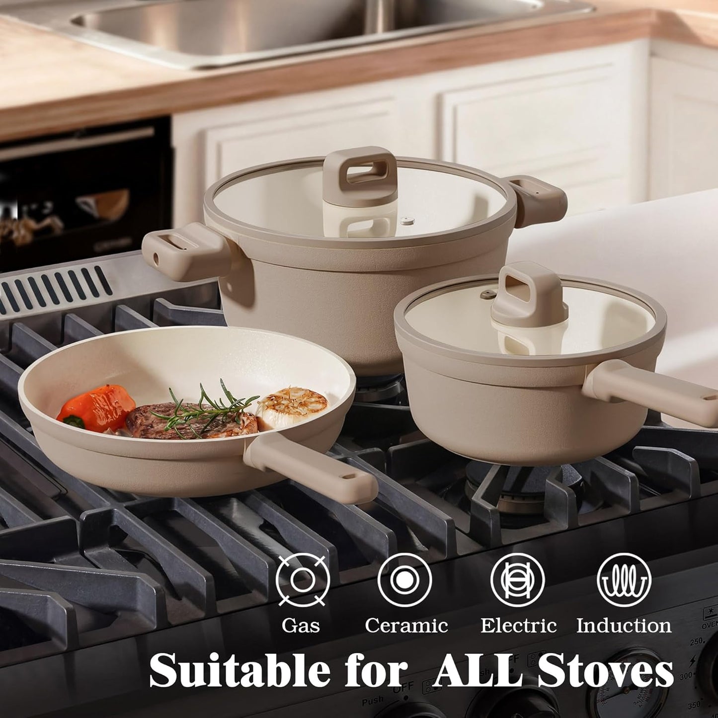 SENSARTE 20-Piece Nonstick Ceramic Cookware Set - Healthy, Induction Compatible, Dishwasher Safe, Taupe