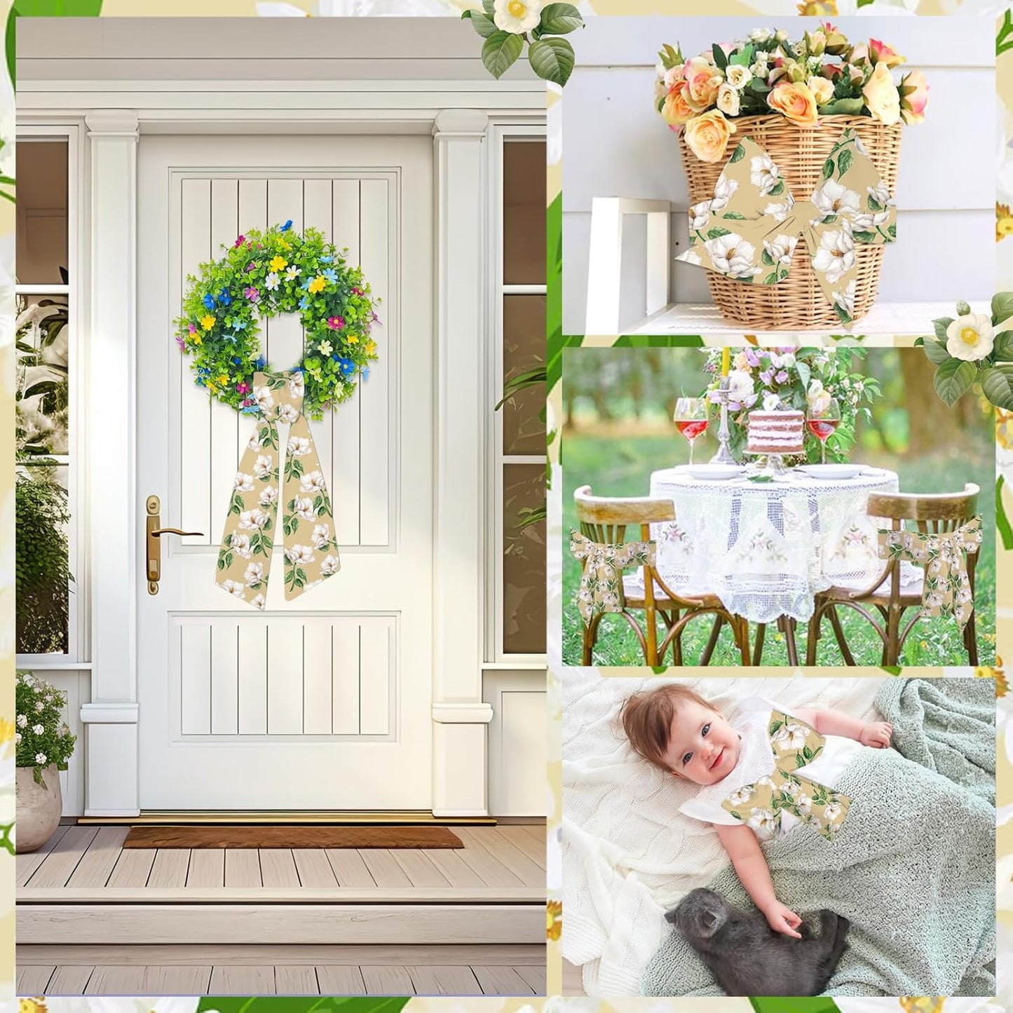 Regine Switzerland Spring Wreath Sash - Beige Floral Decor for Front Door & Holiday Celebrations