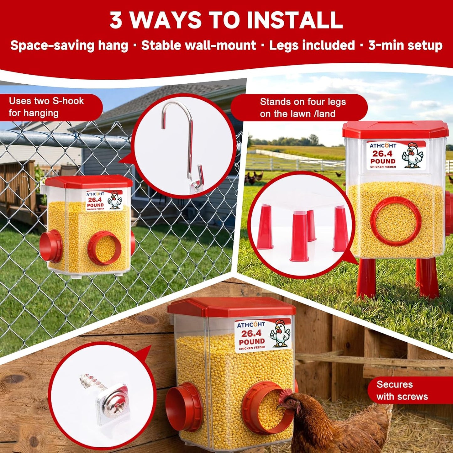 Skiennix Large Chicken Feeder & Waterer Set - 3.1 Gallon Automatic System with 4 Cups & 3 Ports | No Waste Poultry Accessories for Hens