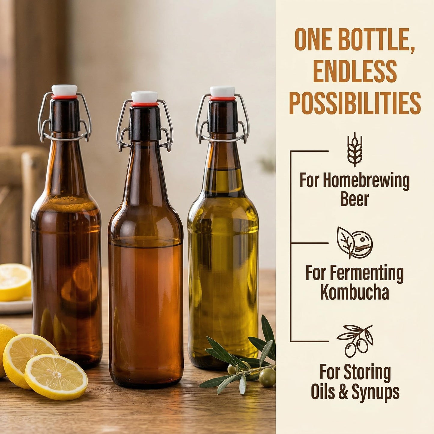 Jucoan 10 Pack Amber Glass Beer Bottles,16 oz Swing Top Glass Bottles with Airtight Flip Cap for Home Brewing Fermenting Beer, Kombucha, Kefir, Coquito, Soda, Wine, Beverage