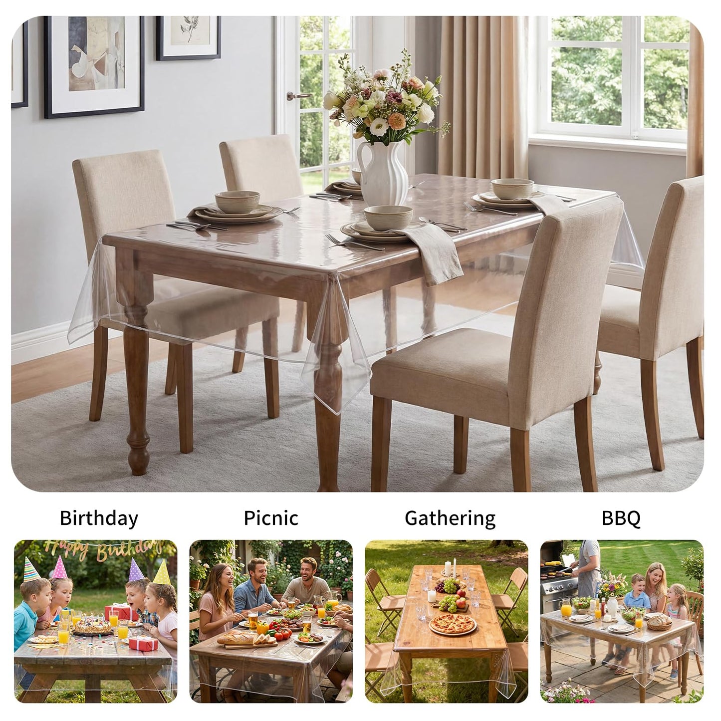 Spring rain Clear Table Cover Protector 54 x 78 Inch, PVC Plastic Tablecloth, Waterproof Oil Spill Proof Stain Resistant & Wipeable, Rectangle Vinyl Tablecloth for Desk Coffee Dining Room Table
