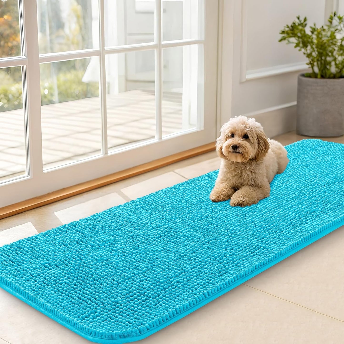 OLANLY Dog Door Mat - Absorbent Non-Slip Mud Mat for Indoor Use | Aqua Blue, 59x20 Inches