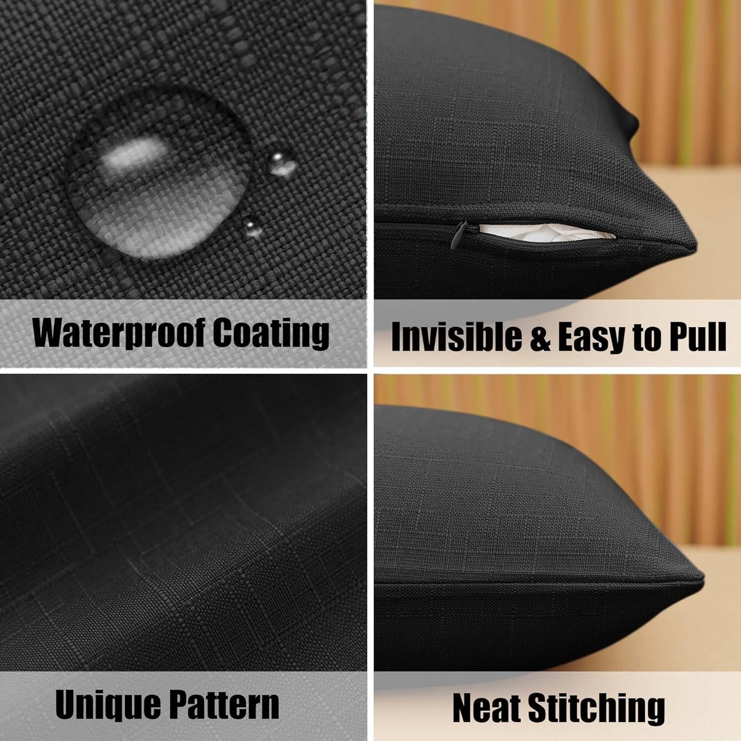 NiNi Decorative Outdoor Pillow Covers - Waterproof Linen Cushion Shams Set of 2 | 16x16 Inch Black