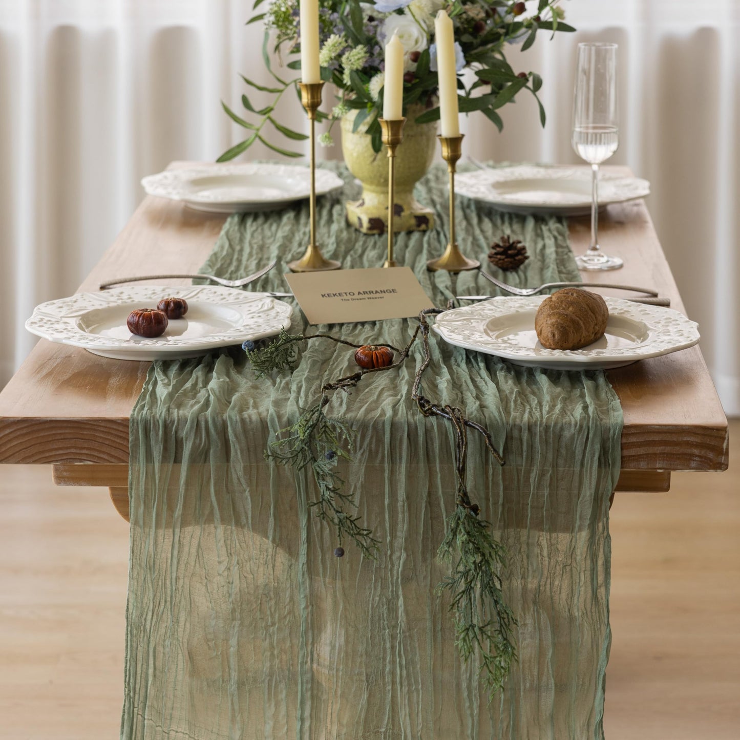Keketoarrange Sage Green Table Runner Sheer French Country Decor Rustic Gauze Bali Yarn Cheesecloth 120 Inch 10 FT Cheese Cloth for Wedding Baby Bridal Shower Party Spring Summer Home Decorations