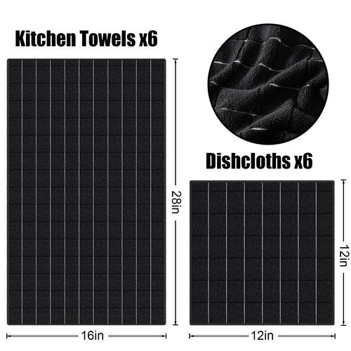 Homaxy Microfiber Kitchen Towels and Dishcloths Set, 12 Pack Soft and Absorbent Dish Hand Towels Bulk, 28 x 16 Inch & 12 x 12 Inch Quick Drying Rags for Washing Dishes, Black
