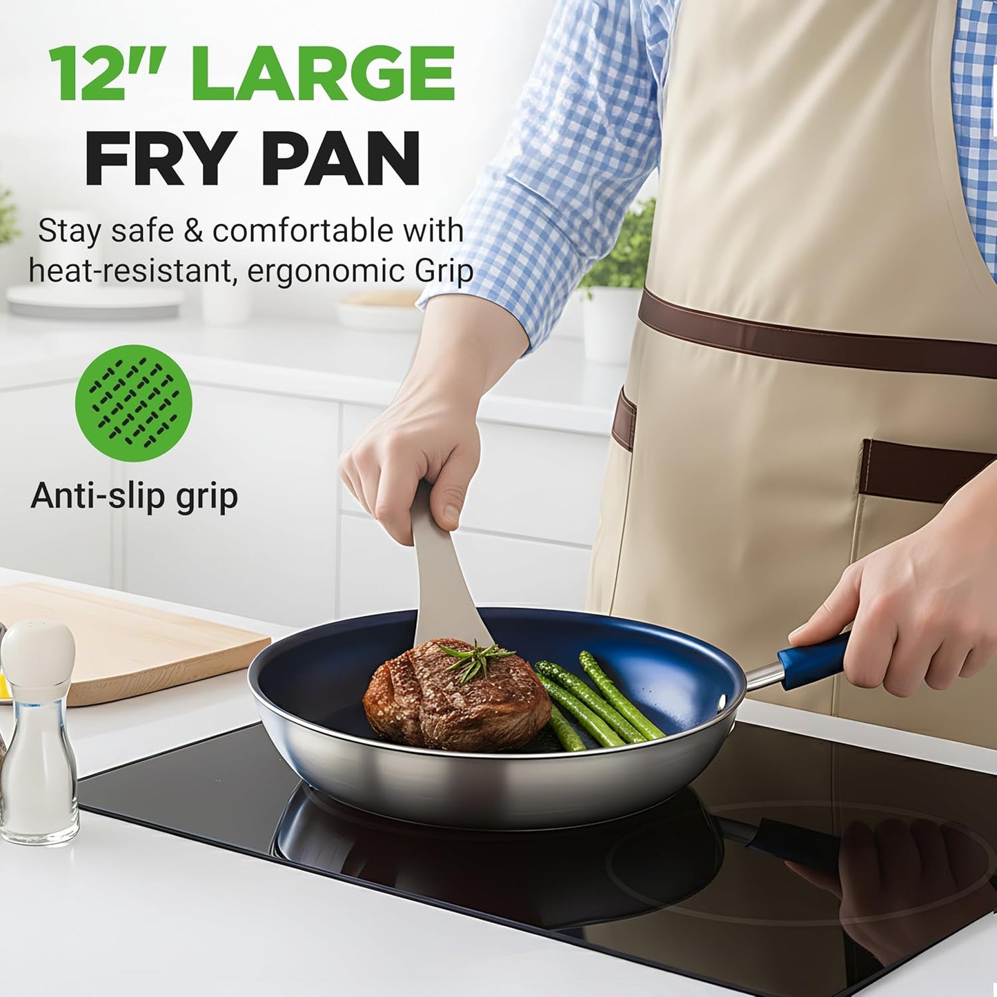NutriChef 12" Nonstick Fry Pan with Lid - Stain-Resistant Ceramic Coating & Blue Silicone Handle