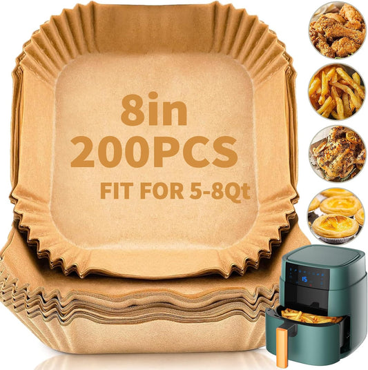 Skiennix Air Fryer Disposable Paper Liners - 200 PCS Non-Stick 8 Inch Square Parchment for 5-8QT Cooking