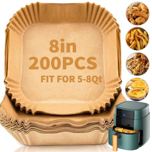 DSMY 200 PCS Air Fryer Disposable Paper Liners,8 Inch Square Parchment Disposable Paper Liner for 5-8QT Air Fryer,Baking, Roasting and Microwave, Non-Stick Airfryer Accessories