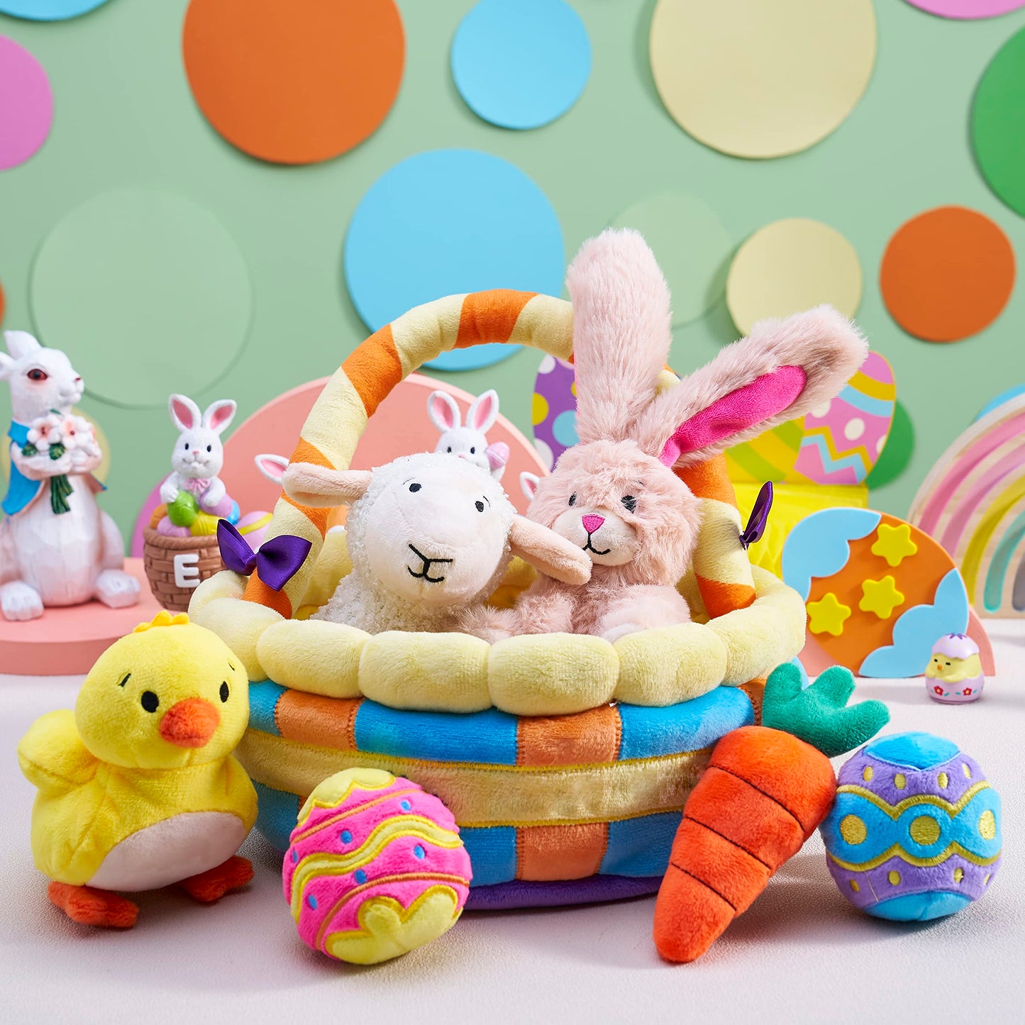 JOYIN 7 PCS Easter Basket Plush Playset Stuffers with Lamb Bunny Chick Carrot Egg Toys, Easter Party Favors Decorations Gifts Supplies for Baby Girls Boys Toddler Kids of All Ages