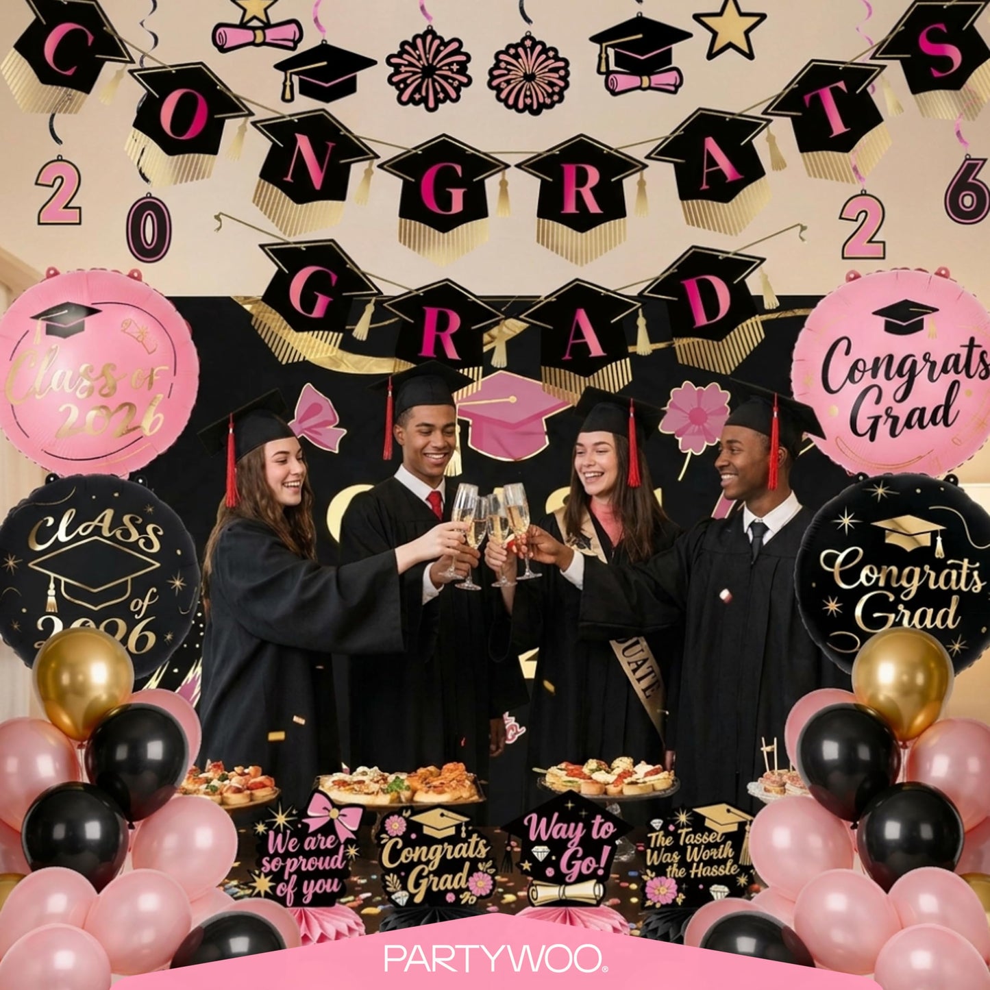 PartyWoo Graduation Decorations Class of 2026 Black Pink Gold 40pcs Grad Party Supplies with Congrats Grad Black Backdrop Banner Hanging Swirls Foil Latex Balloons Graduation Cap Centerpieces Party