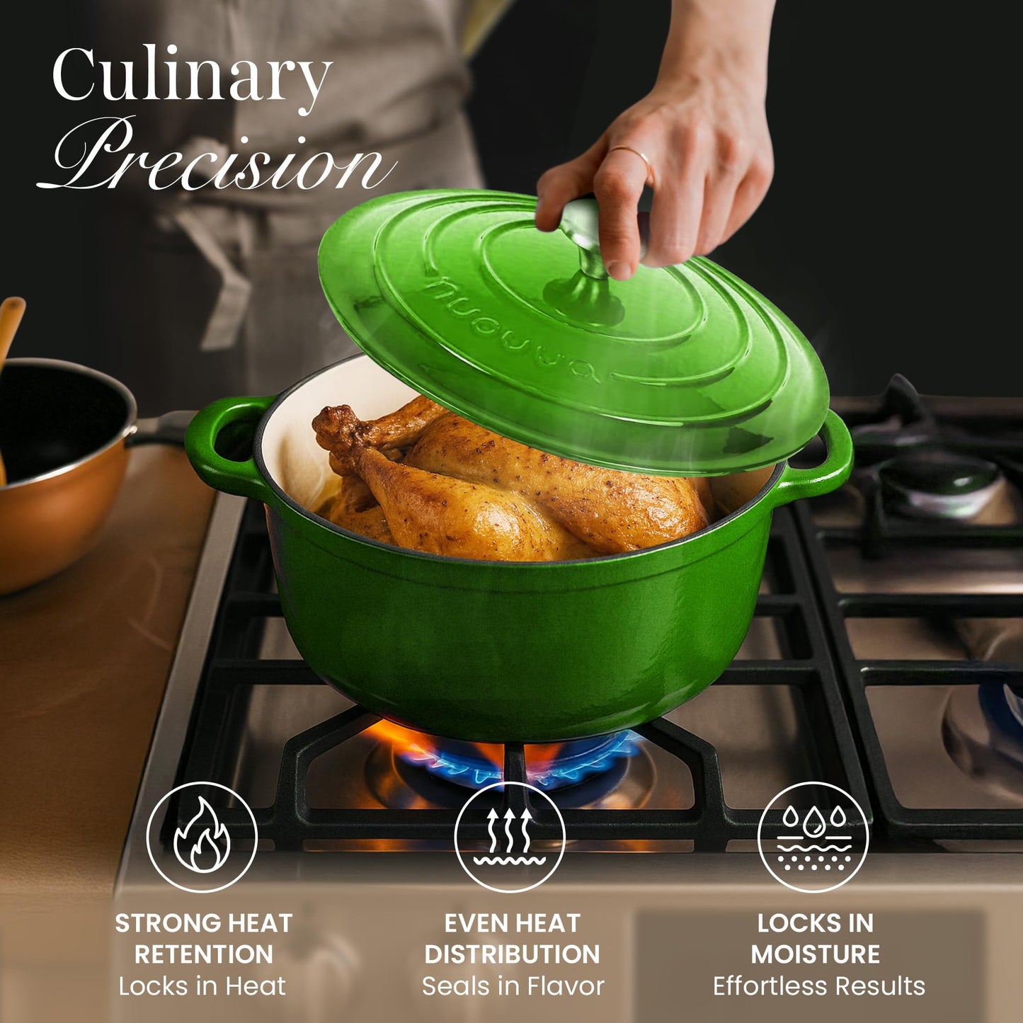 Cast Iron Pot with Lid-Non-Stick Ovenproof Enamelled Casserole Pot, Oven Safe up to 500° F-Sturdy Dutch Oven Cookware - Green, 5-Quart, 24cm-by Nuovva