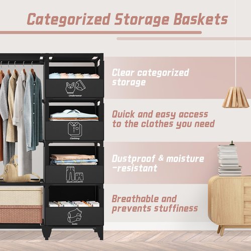 Jofuler Portable Closet, Easy Assembly, Large Capacity Wardrobe Closet, Sturdy and Stable Clothes Rack with Shelves 4 Storage Baskets and 2 Hanging Rods, for Bedroom and Cloakroom Black