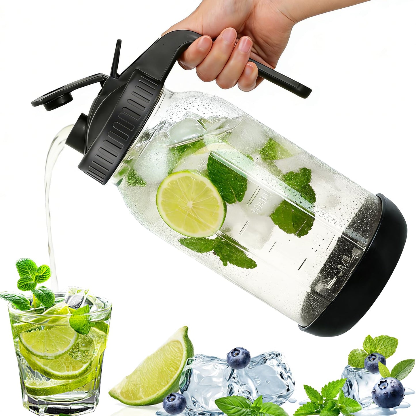 64 oz Glass Mason Jar Pitcher with Lid, Handle & Non-Slip Silicone Base, Food-Grade Leakproof & Airtight – 2-Quart Iced Tea Pitcher for Fridge, Breast Milk Storage, Sun Tea & Cold Brew (Black)