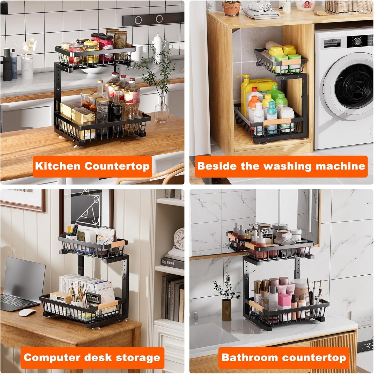 Under Sink Organizer | 2-Pack Adjustable Metal Shelves for Kitchen & Bathroom Storage - Black