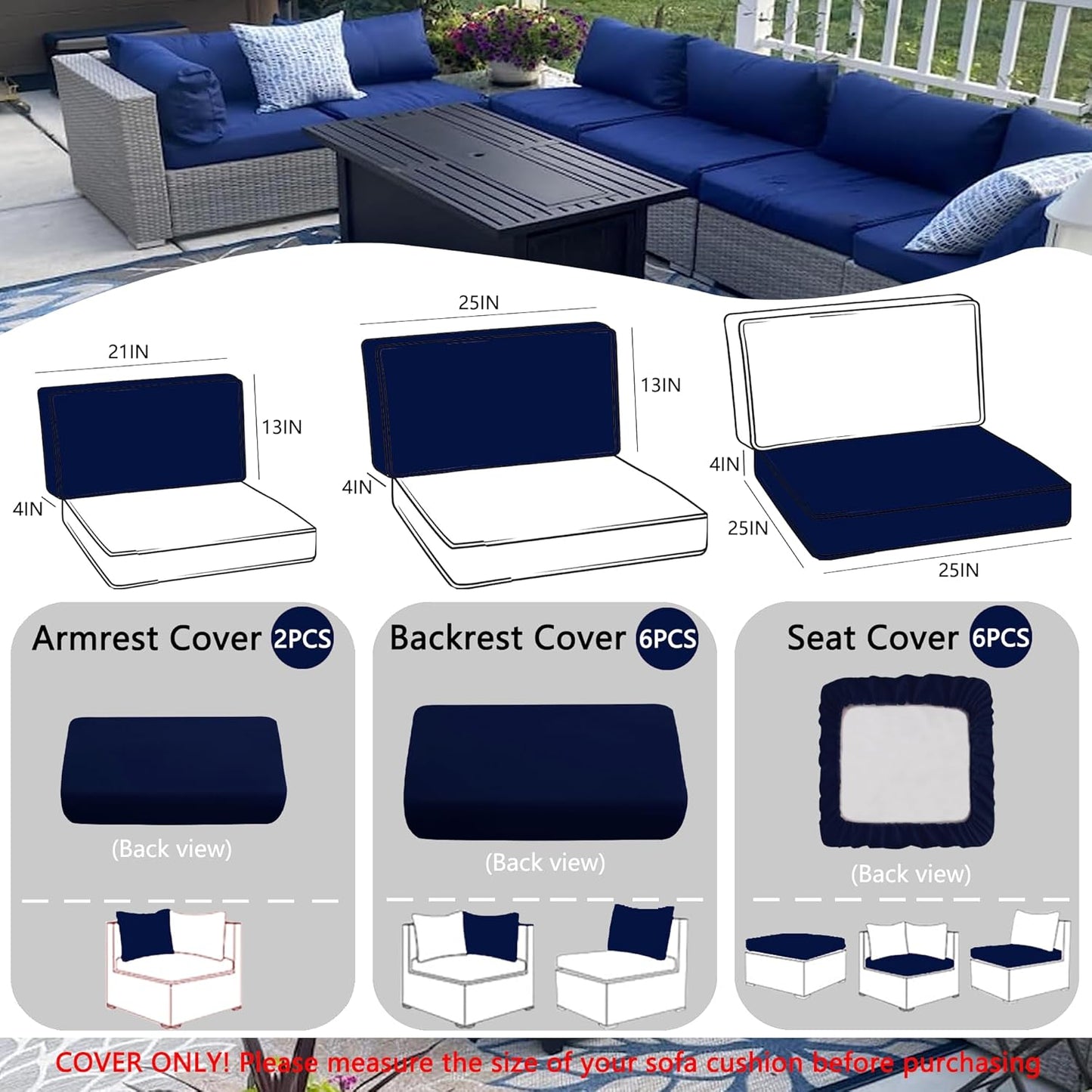 Sqodok Waterproof Outdoor Cushion Covers - 14-Piece Slipcovers for 7-Piece Rattan Sectional Sofa | Washable Blue