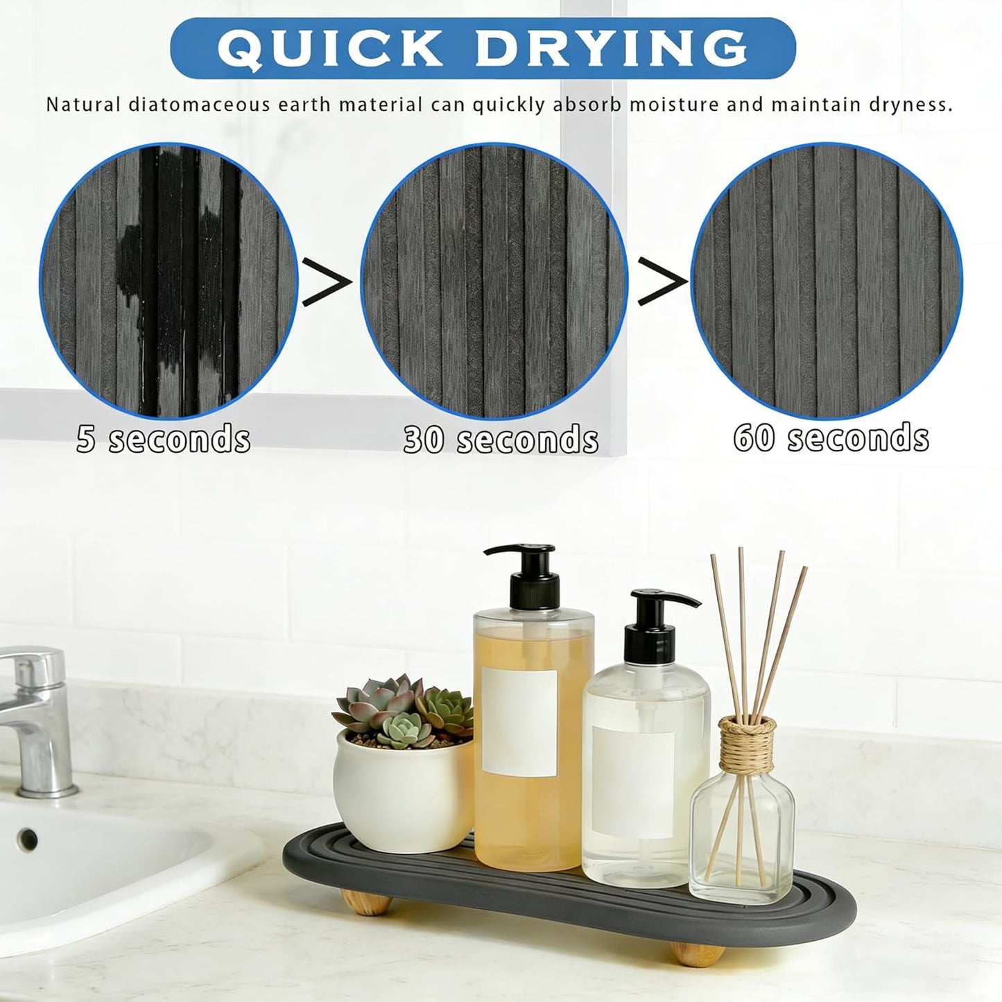 Skiennix Instant Dry Sink Tray - Anti-Slip Stone Caddy for Kitchen & Bathroom | Durable Dark Gray Design
