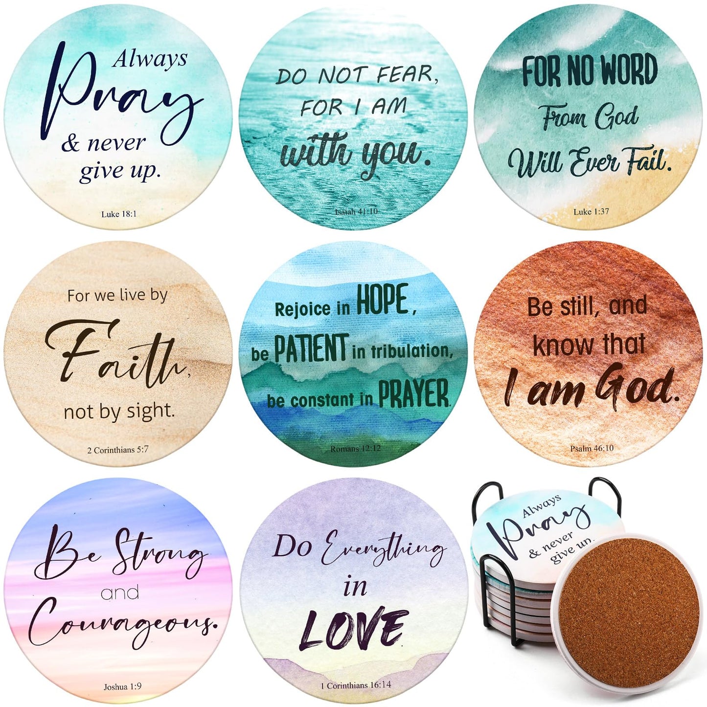 Hushee Set of 8 Christian Coasters with Bible Verses, Absorbent Ceramic Drink Coasters with Holder for Home Decor Table Protection Baptism First Communion Confirmation Gifts, 4 Inches(Gradient Style)