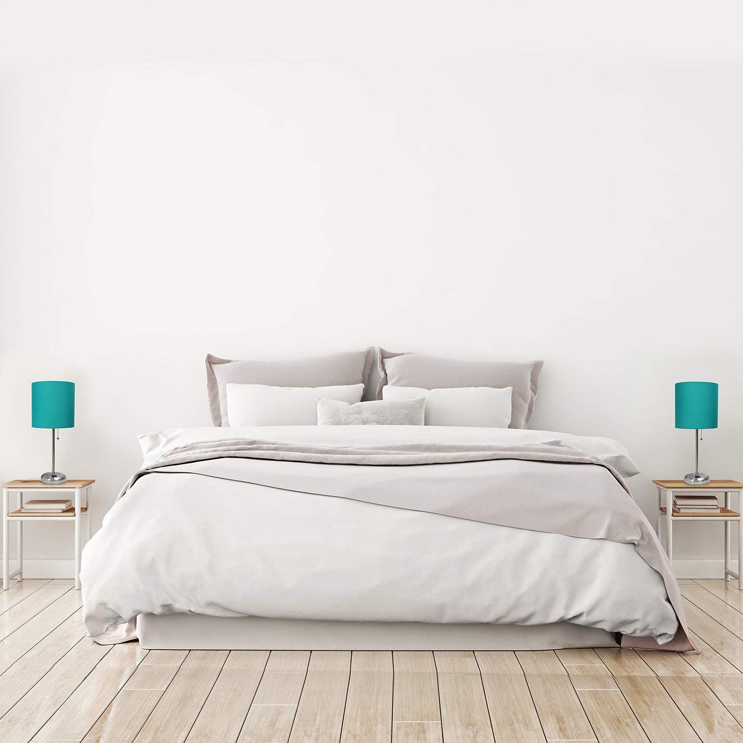 Simple Designs LC2001-TEL-2PK Brushed Steel Stick Table Lamp Set with Charging Outlet and Teal Fabric Shades, 2 Pack Set