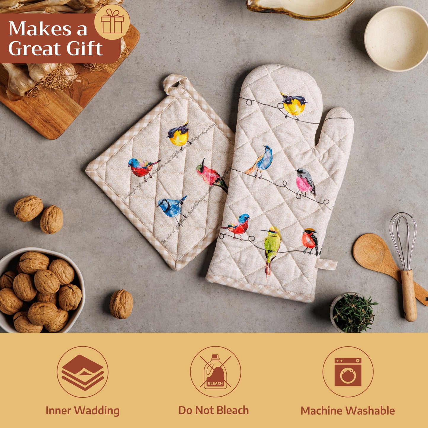Maison d' Hermine 100% Cotton Oven Mitt & Pot Holder Set (7.5"x13" & 8"x8") Heat Resistant Cooking Gloves with Loop Baking Grilling Kitchen Gifts for Mothers Day Spring/Summer (Birdies on Wire)