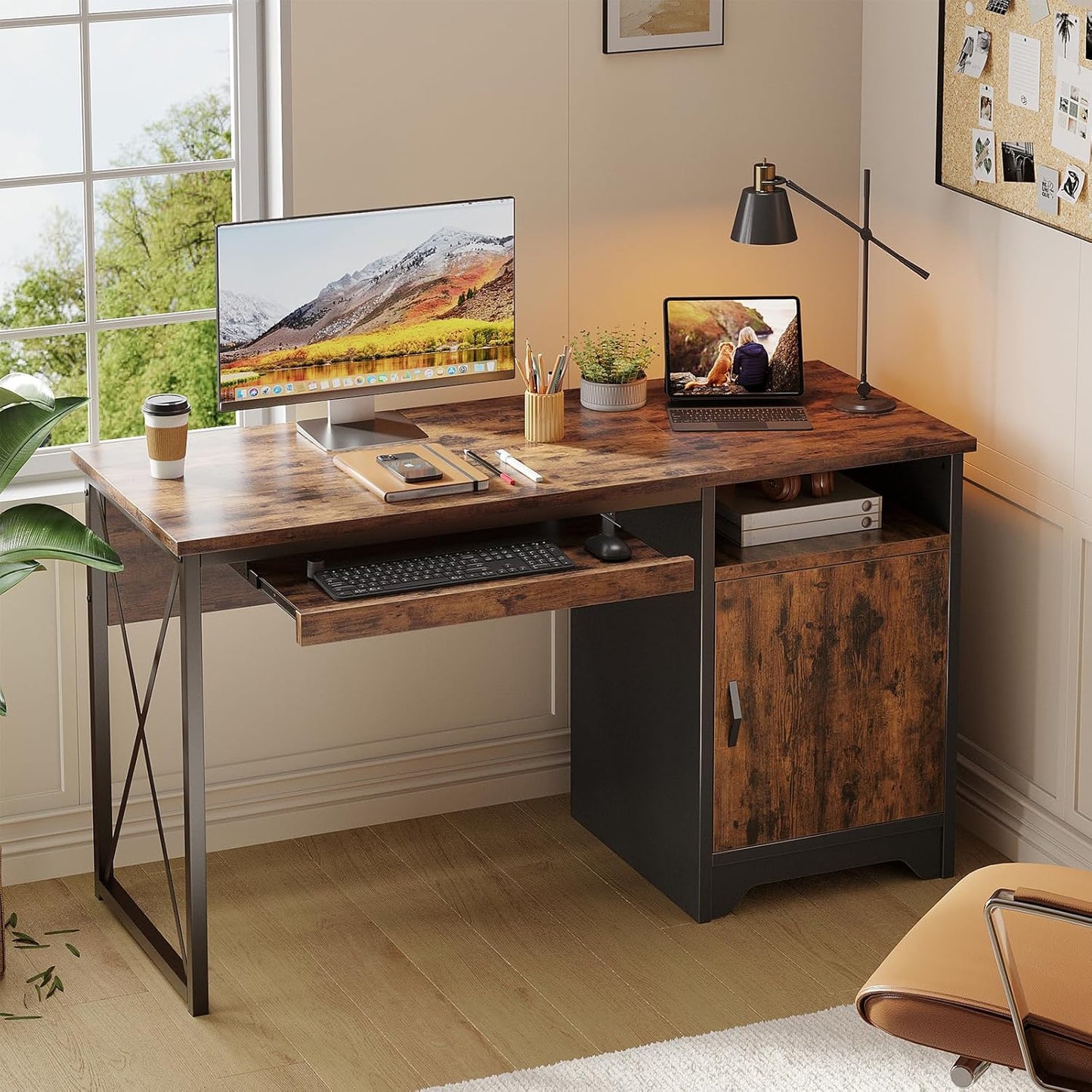 Bestier Office Desk - 47-Inch Industrial Computer Desk with Keyboard Tray & Storage | Rustic Brown