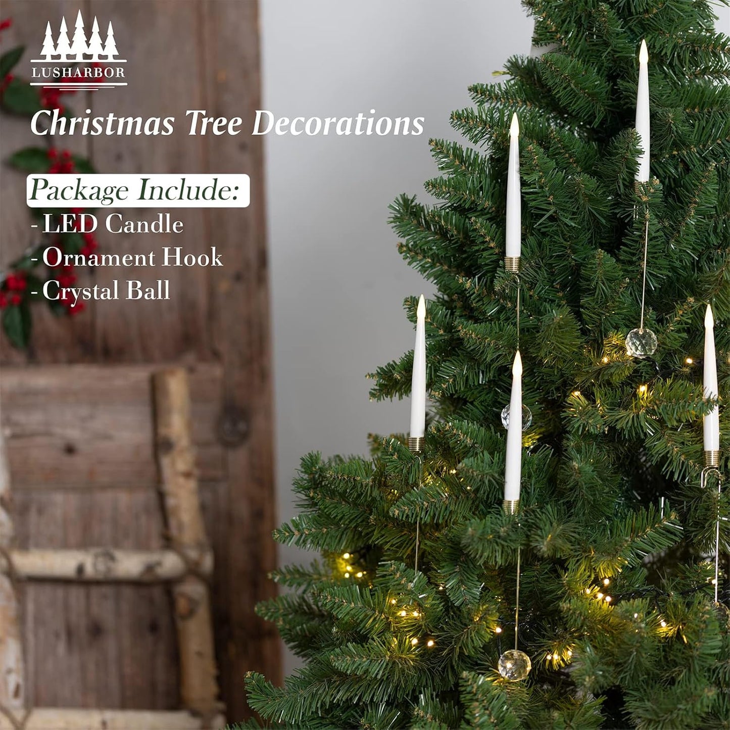 LUSHARBOR Flameless Taper Candles - 10 Pack LED Christmas Tree Decor with Remote & Crystal Ball Hook